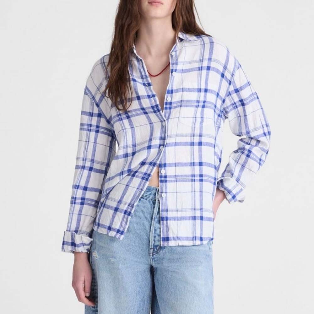 Madewell The Easy Shirt 100% Linen Oversized Blue White Plaid Size Small NWT